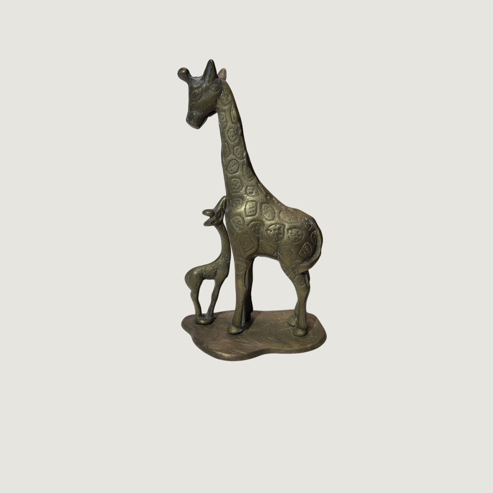 Giraffe Baby Figurine Unisex 7in Gold Brass Mother Baby Safari Wildlife Decor